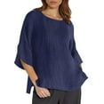 thumbnail image 1 of Women's Linen T-Shirt Casual 3/4 Sleeve Crew Neck Pleated Summer Blouse Loose Fit Tunic Basic Solid Color Top, 1 of 2
