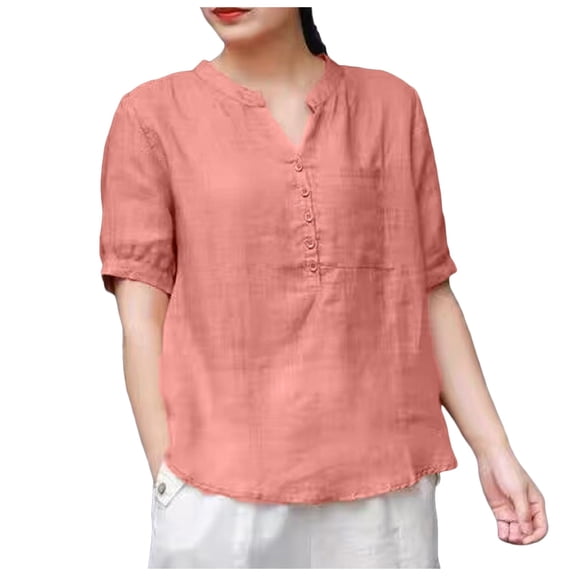 Women's Linen T-Shirt Short Sleeve V Neck Thin Loose Fit Retro Pullover Top High End Casual Blouse Comfortable Breathable Summer Shirt