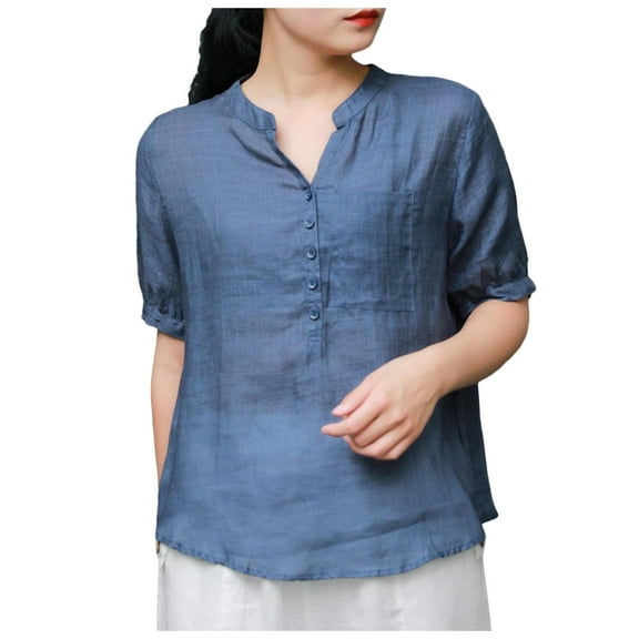 Women's Linen T-Shirt Short Sleeve V Neck Thin Loose Fit Retro Pullover Top High End Casual Blouse Comfortable Breathable Summer Shirt