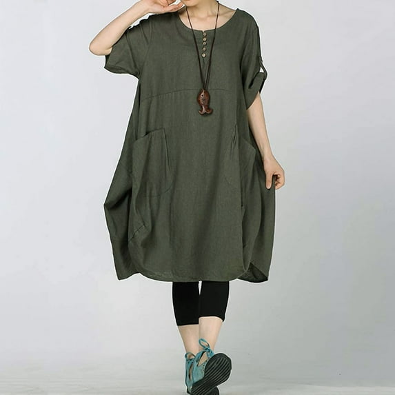 Women's Linen T-Shirt Tunic Skirt Round Neck Short Sleeve Midi Dress Concert Dresses Womens Fashion Casual Summer Dress Woman Women Midi Dresses Summer Summer Dresses for Womens Long Sleeve Dresses