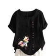 thumbnail image 1 of Women's Linen T Shirts Plus Size Crew Neck Short Sleeve Floral Print Pullover Tops Casual Loose Blouse (4XL, Black-E), 1 of 5