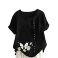 thumbnail image 1 of Women's Linen T Shirts Plus Size Crew Neck Short Sleeve Floral Print Pullover Tops Casual Loose Blouse (L, Black-B), 1 of 5