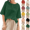 thumbnail image 1 of Women's Linen T-shirt Round Neck Half-Sleeve Top with Buttons Cotton Linen Summer Casual Breathable Loose Fit Fashion Tops, 1 of 10