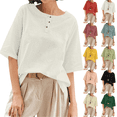 thumbnail image 1 of Women's Linen T-shirt Round Neck Half-Sleeve Top with Buttons Cotton Linen Summer Casual Breathable Loose Fit Fashion Tops, 1 of 10