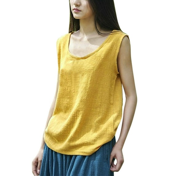 Women's Linen Tank Tops Loose Fitting Flowy Summer Shirts Solid Color Sleeveless Leisure Blouse Tee