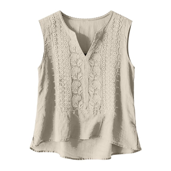 Women's Linen Tank Tops Pleated Cotton Linen V Neck Sleeveless Fashion Casual Vest Top V Neck Tops for Women