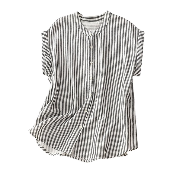 Women's Linen Tank Tops Sleeveless Striped Button Down Shirts Curved Hem Loose Fit Casual Beach Summer Blouses (M, Gray)