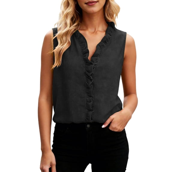 Women's Linen Tank Tops Summer Trendy Sleeveless Ruffle Front V Neck Flowy Shirts Dressy Casual Going Out Top Vest
