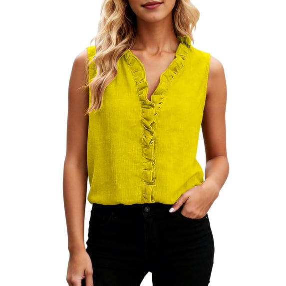 Women's Linen Tank Tops Summer Trendy Sleeveless Ruffle Front V Neck Flowy Shirts Dressy Casual Going Out Top Vest