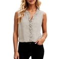 thumbnail image 1 of Women's Linen Tank Tops Summer Trendy Sleeveless Ruffle Front V Neck Flowy Shirts Dressy Casual Going Out Top Vest, 1 of 4