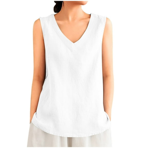 Women's Linen Tank Tops Summer V Neck Casual Sleeveless T Shirts Work Solid Color Cotton Soft Basic Blouses (XL, White)