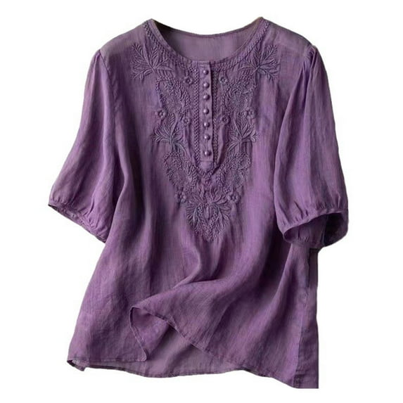 Women's Linen Tops Bohemian Short Sleeve Shirts Summer Loose Crewneck Casual Vintage Embroidered Blouse Tops