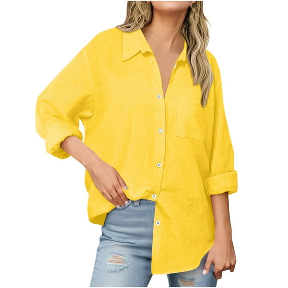 Women's Linen Tops Button Down Oversized Shirts Solid Color Casual T-Shirts Long Sleeve Lapel Blouses Casual Office Work Tunic Top with Pockets Plus Size