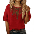 thumbnail image 1 of Women's Linen Tops Ethnic Embroidered Red Linen Cotton Loose Short Sleeve Casual Tee T Shirts for Women, 1 of 4