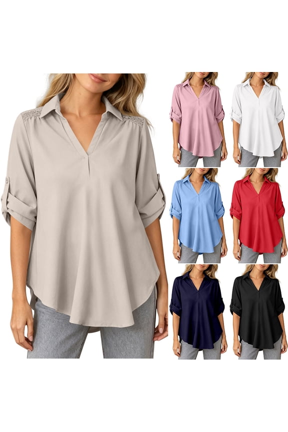 Women's Linen Tops Ihhxva Plus Size Cotton V-Neck Blouse Top Oversized Lace Trim Shirt Casual Flowy Summer Beach Tunic L-4XL