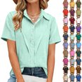 thumbnail image 1 of Women's Linen Tops Lapel Short Sleeve Shirts Casual Dressy Summer Tops Loose Button Tunic Summer Blouse, 1 of 8