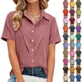 thumbnail image 1 of Women's Linen Tops Lapel Short Sleeve Shirts Casual Dressy Summer Tops Loose Button Tunic Summer Blouse, 1 of 8