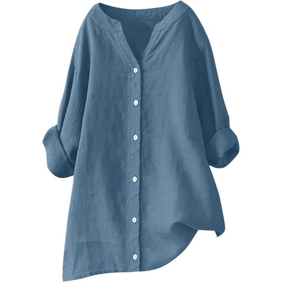 Women’s Linen Tops Long Sleeve, Summer Shirts, Cotton Linen Button Down Blouses, Casual V-Neck Roll Up Sleeve Tee, Comfy Loose Fit Tops, Solid Colour Relaxed Fit T-Shirts