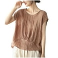 thumbnail image 1 of Women's Linen Tops Pleated Crew Neck Short Sleeve Shirts Casual Loose Lightweight Blouses Solid Color Clothes (2XL, Coffee), 1 of 8