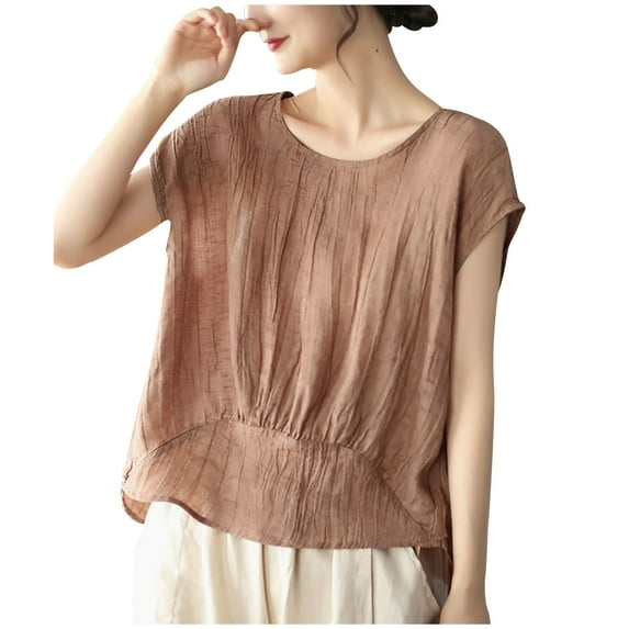 Women's Linen Tops Pleated Crew Neck Short Sleeve Shirts Casual Loose Lightweight Blouses Solid Color Clothes (2XL, Coffee)