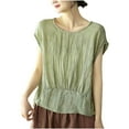 thumbnail image 1 of Women's Linen Tops Pleated Crew Neck Short Sleeve Shirts Casual Loose Lightweight Blouses Solid Color Clothes (XL, Green), 1 of 7