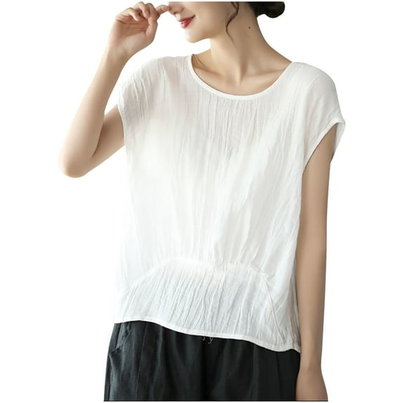 Women's Linen Tops Pleated Crew Neck Short Sleeve Shirts Casual Loose Lightweight Blouses Solid Color Clothes (XL, White)