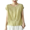 thumbnail image 1 of Women's Linen Tops Pleated Crew Neck Short Sleeve Shirts Casual Loose Lightweight Blouses Solid Color Clothes (XL, Yellow), 1 of 6