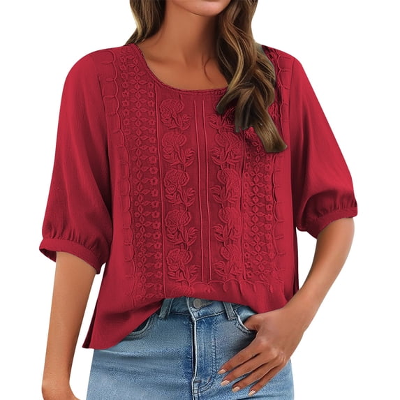 Women's Linen Tops Shirts Summer Embroidered Blouses | 3/4 Length Sleeve Womens Tops, Dressy Casual Tunic, Solid Color Loose Fit Outfits, Vacation Fashion Clothes