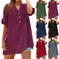 thumbnail image 1 of Women's Linen Tops Summer Loose Fit Long Shirts Imitation Cotton Linen Textured 3/4 Sleeve Shirts Casual V Neck Button TShirt Trendy Pleated Solid Basic Blouses, 1 of 8