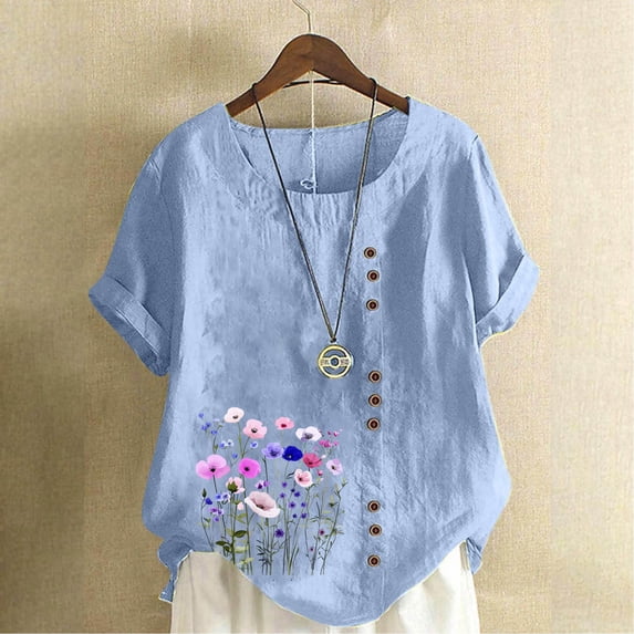 Women's Linen Tops Summer Short Sleeve T-Shirts Fashion Embroidered Floral Printed Shirts Imitation Cotton Linen Button Blouses Pullover Top