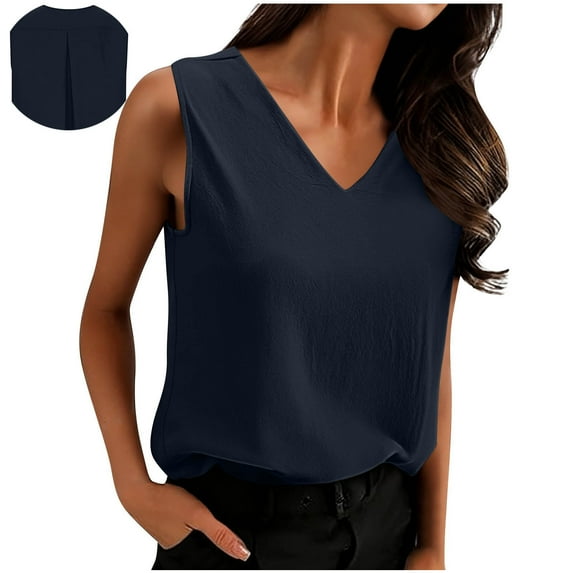 Women's Linen Tops Summer V Neck T Shirts Trendy Sleeveless Blouse Loose Comfy Basic Tee Casual Tank Tops for Women