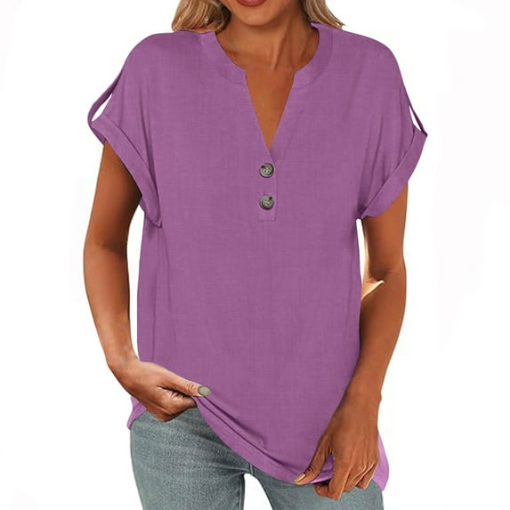 Women's Linen Tops Trendy V Neck Button down Short Sleeve T Shirts Business Casual Basic Tee Loose Fit Blouses (2XL, Purple)