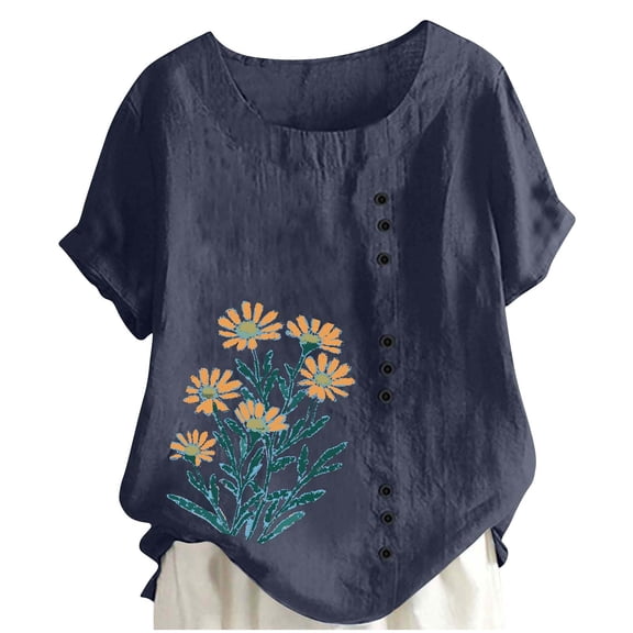 Women's Linen Tops Vintage Floral Printed Short Sleeve Shirts Crew Neck Button Down Pullover Tops Fashion Trendy T Shirt Casual Business Outfits Going Out Clothes Summer Outfits 2026