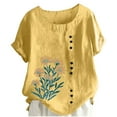 thumbnail image 1 of Women's Linen Tops Vintage Floral Printed Short Sleeve Shirts Crew Neck Button Down Pullover Tops Fashion Trendy T Shirt Casual Business Outfits Going Out Clothes Summer Outfits 2026, 1 of 5