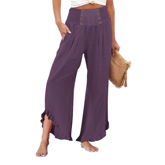 Women's Linen Trousers Elastic Waist Trousers with Pockets Straight Leg Trousers Business Work Pants Office Dress Work Slacks Baggy Comfy Trousers Loose Fit Summer Pants Lounge Outfit L