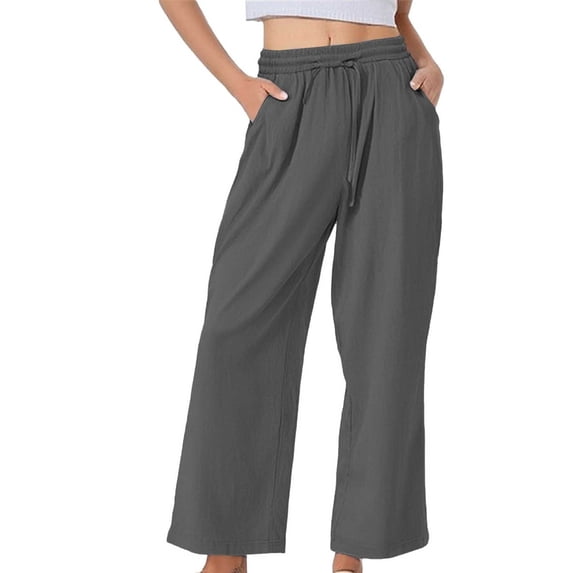 Women's Linen Trousers High Waisted Pants Lounge Palazzo Pants Lightweight Drawstring Pants Elastic Waist Trousers with Pockets Boho Travel Pants Comfy Trousers Lounge Outfit Baggy 3Xl