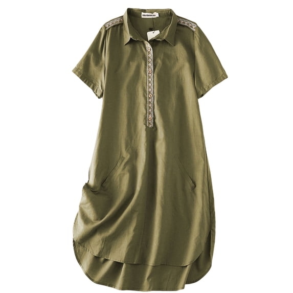 Women's Linen Tunic Dresses Floral Embroidered Button Down Midi Dress Armygreen M