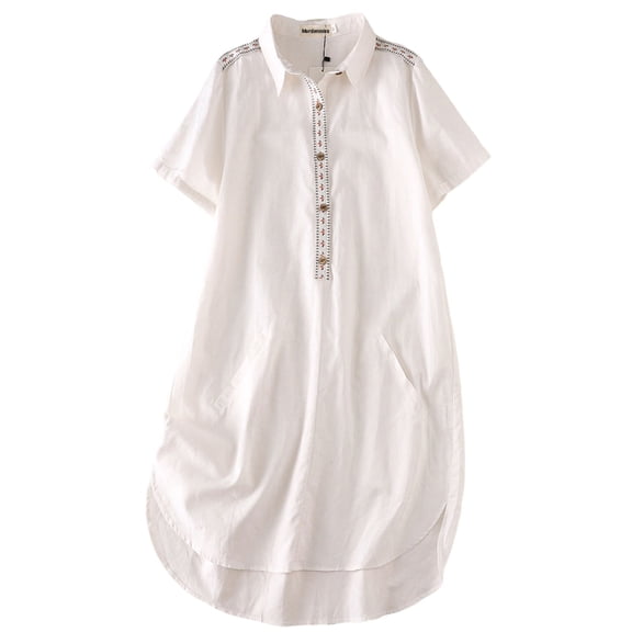 Women's Linen Tunic Dresses Floral Embroidered Button Down Midi Dress White L