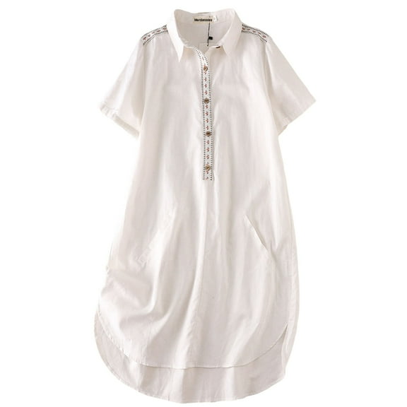 Women's Linen Tunic Dresses Floral Embroidered Button Down Midi Dress White XL