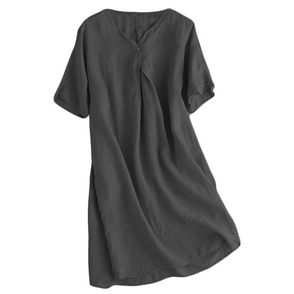 Women's Linen Tunic Dresses V-Neck Baggy Midi Dress Hi-Low Tops Black XXL