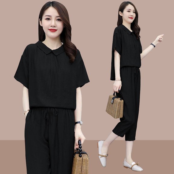 Women's Linen Two Piece Outfits Summer Short Sleeve Top And Cropped Pants Set Casual Tracksuit Lapel Kink T Shirt+Drawstring Pants Set Suit Bathing Suits Tops Cute Swimwear Women Juniors Swim Bottoms