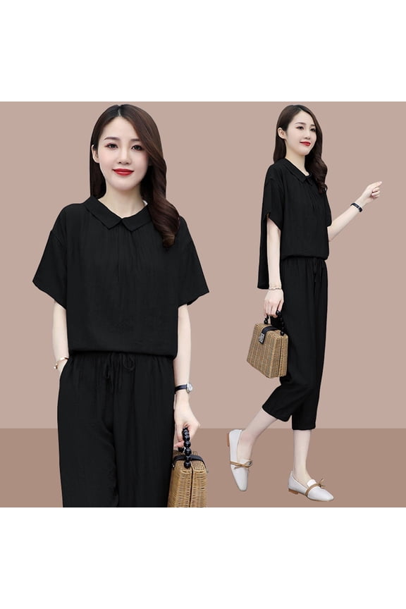 Women's Linen Two Piece Outfits Summer Short Sleeve Top And Cropped Pants Set Casual Tracksuit Lapel Kink T Shirt+Drawstring Pants Set Suit Bathing Suits Tops Cute Swimwear Women Juniors Swim Bottoms