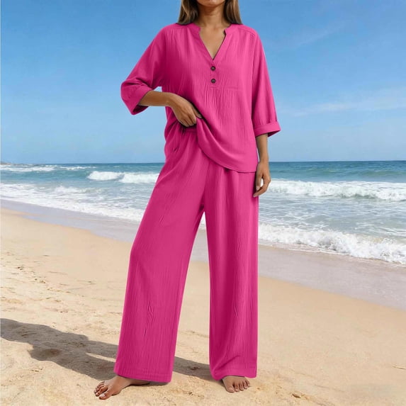 Women's Linen Two Piece Outfits Summer V Neck Button Down Tops Wide Leg Pants Set Casual Loose Matching Sets For Vacation