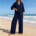 thumbnail image 1 of Women's Linen Two Piece Outfits Summer V Neck Button Down Tops Wide Leg Pants Set Casual Loose Matching Sets For Vacation, 1 of 7