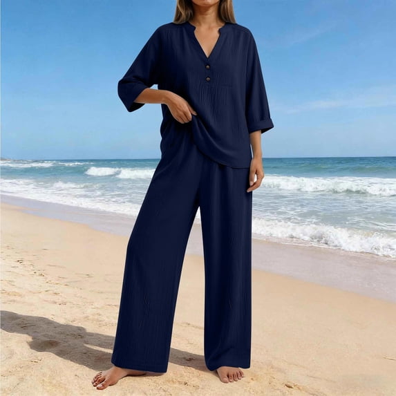 Women's Linen Two Piece Outfits Summer V Neck Button Down Tops Wide Leg Pants Set Casual Loose Matching Sets For Vacation