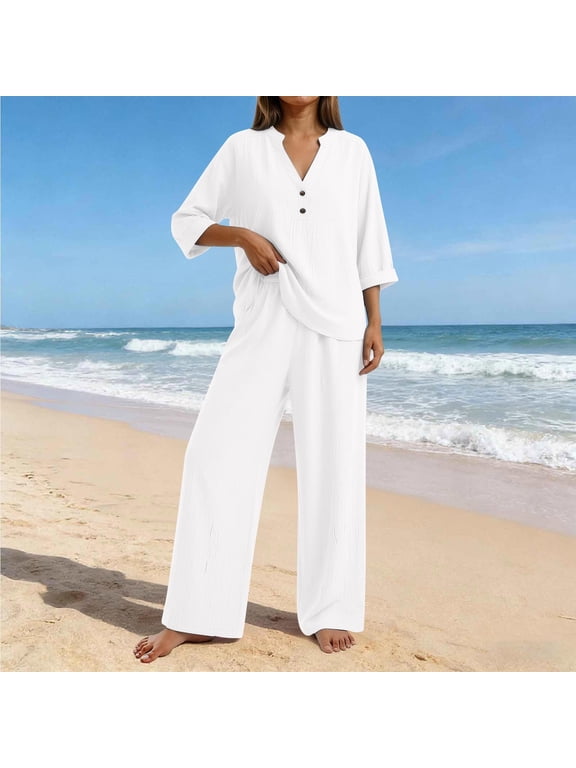 Women's Linen Two Piece Outfits Summer V Neck Button Down Tops Wide Leg Pants Set Casual Loose Matching Sets For Vacation