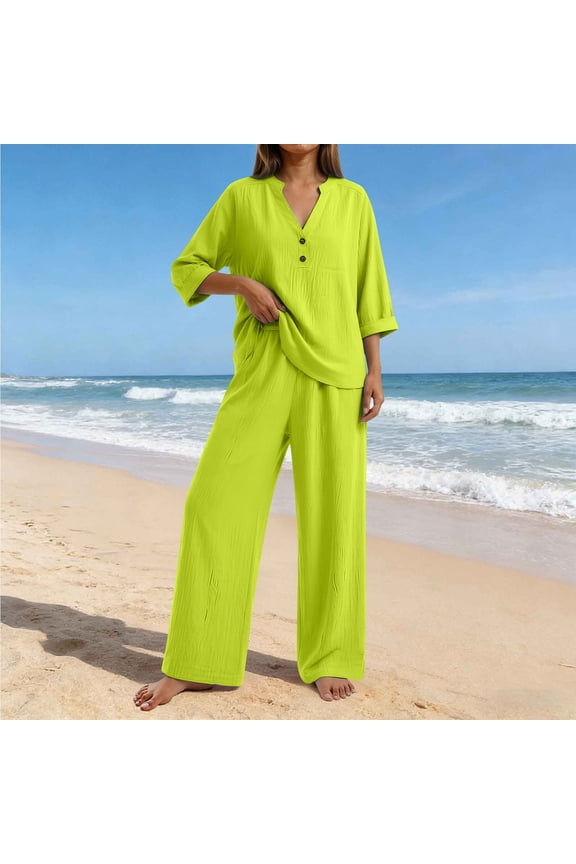 Women's Linen Two Piece Outfits Summer V Neck Button Down Tops Wide Leg Pants Set Casual Loose Matching Sets For Vacation