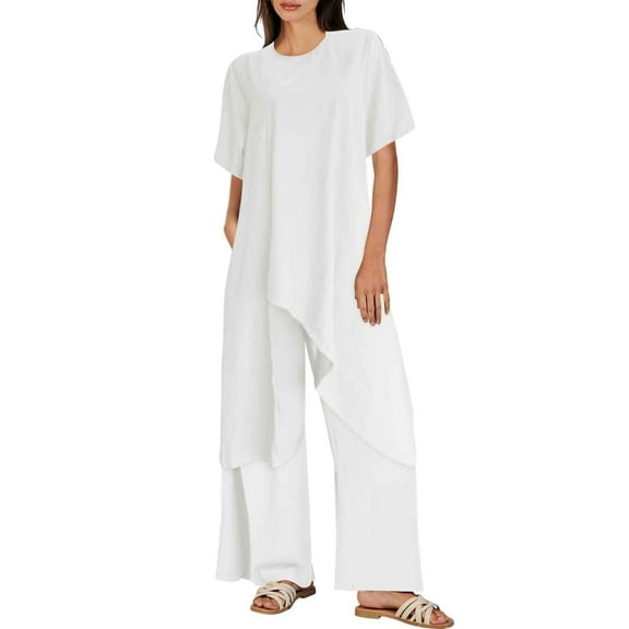 Women's Linen Two-Piece Set - Short Sleeve Top & Trousers, Casual Sportswear, Multi-Size Available