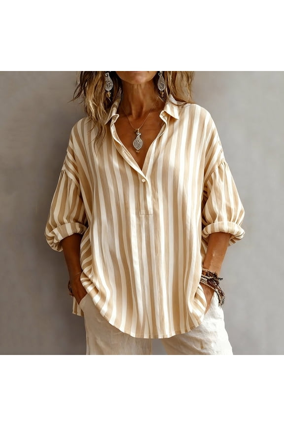 Women's Linen V-Neck Button Down Pullover Shirt with Long Sleeve for Spring Summer Style