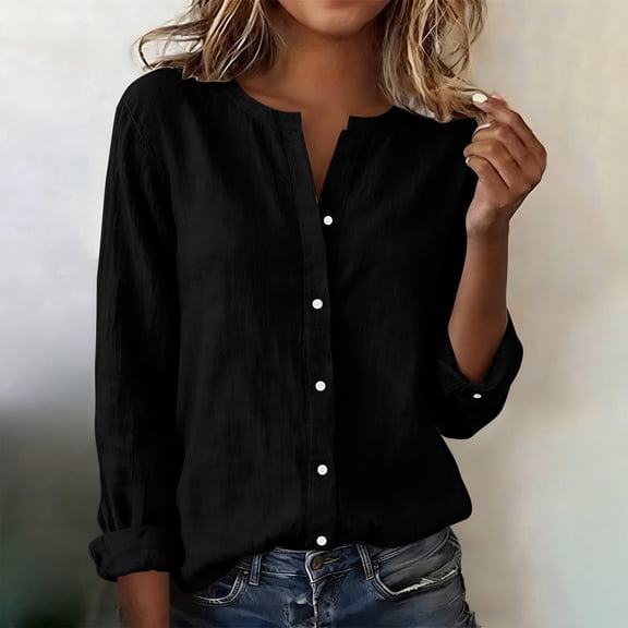 Women's Linen V-Neck Button Down Shirt with Long Sleeve for Spring and Summer Casual Wear